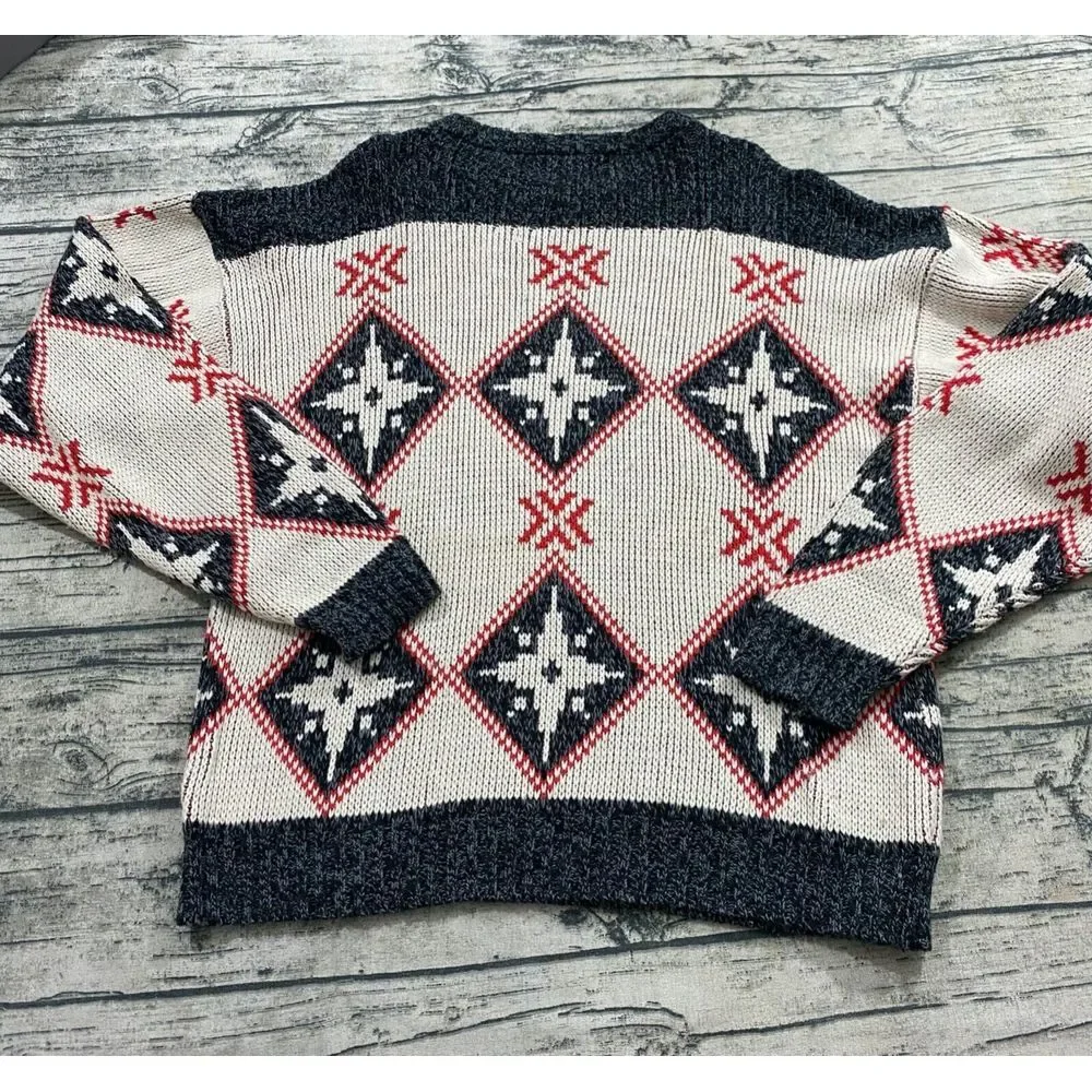 Mergers Vtg 80s Imported Fabric Argyle Star Snowflake Pattern Knit Sweater Retro